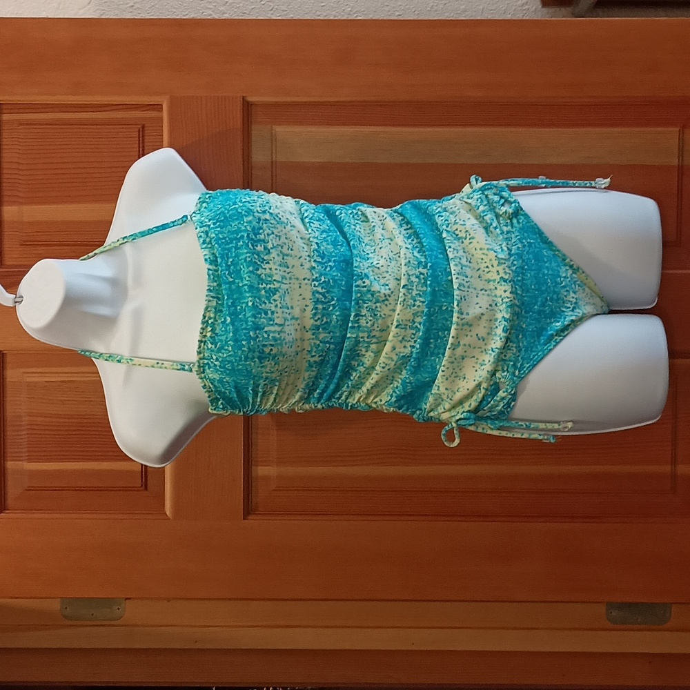 Tankini, ruched sides, blues with neon chartreuse lining